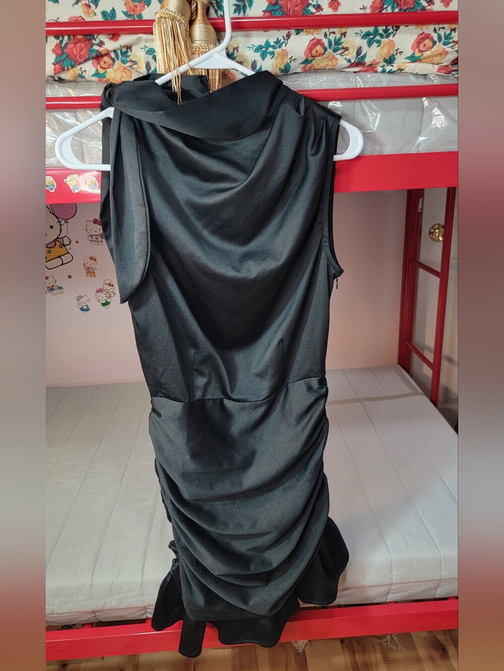 TCEC Black Satin Midi Dress with Draped Neckline Size Small